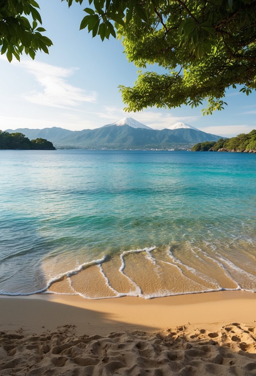 Crystal clear waters lap against golden sands, framed by lush greenery and distant mountains. A serene and idyllic beach scene in Japan