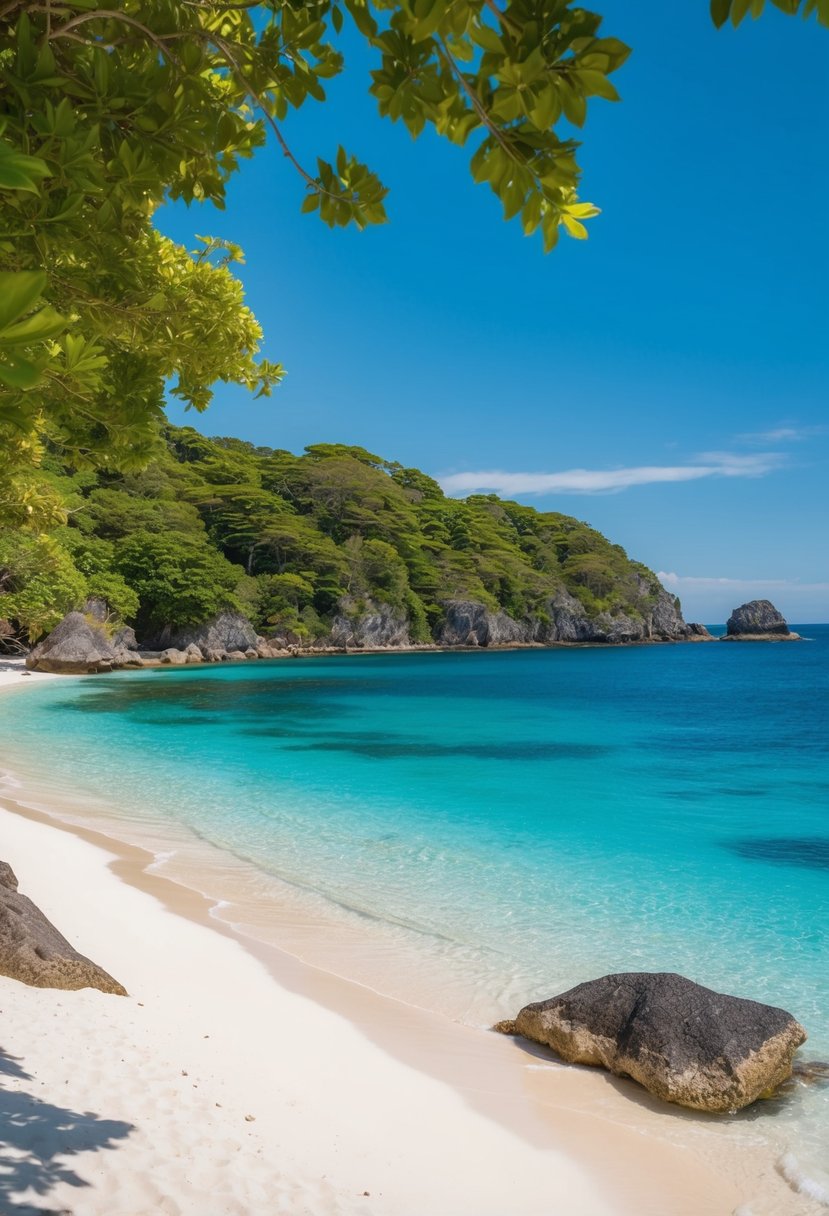 A serene beach with crystal clear waters and white sandy shores, framed by lush greenery and a clear blue sky. Rocky outcrops dot the coastline, adding to the picturesque beauty of Kondoi Beach in Okinawa