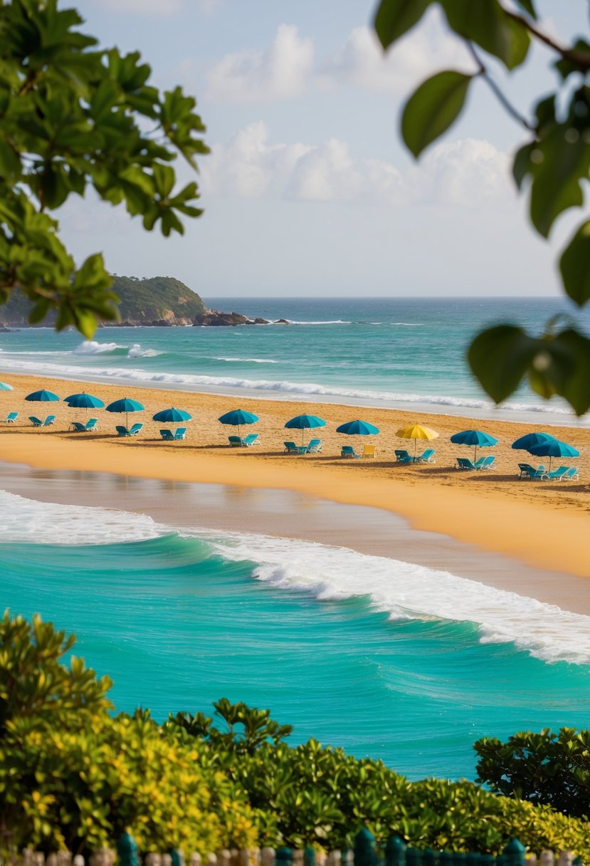 Golden sands meet turquoise waters at Shirahama Beach, framed by lush greenery and dotted with colorful umbrellas. Waves gently roll onto the shore, creating a serene and inviting scene