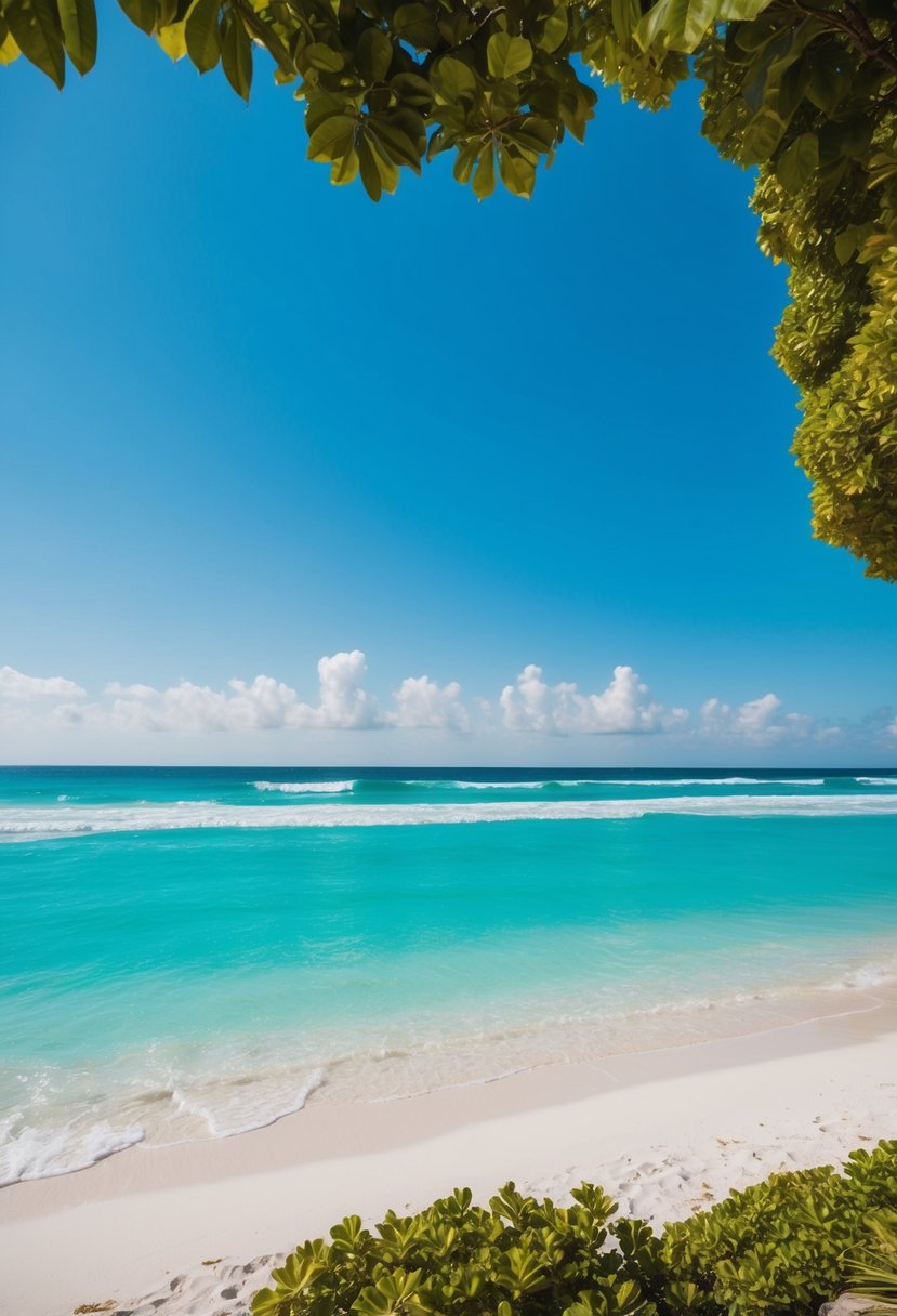 Turquoise waters lap against the white sandy shore of Emerald Beach, framed by lush greenery and a clear blue sky