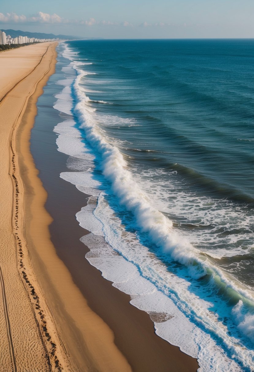 Golden sand stretches along the coastline, meeting the clear blue waters of Kujukuri Beach in Chiba. Waves crash gently against the shore, creating a serene and picturesque scene