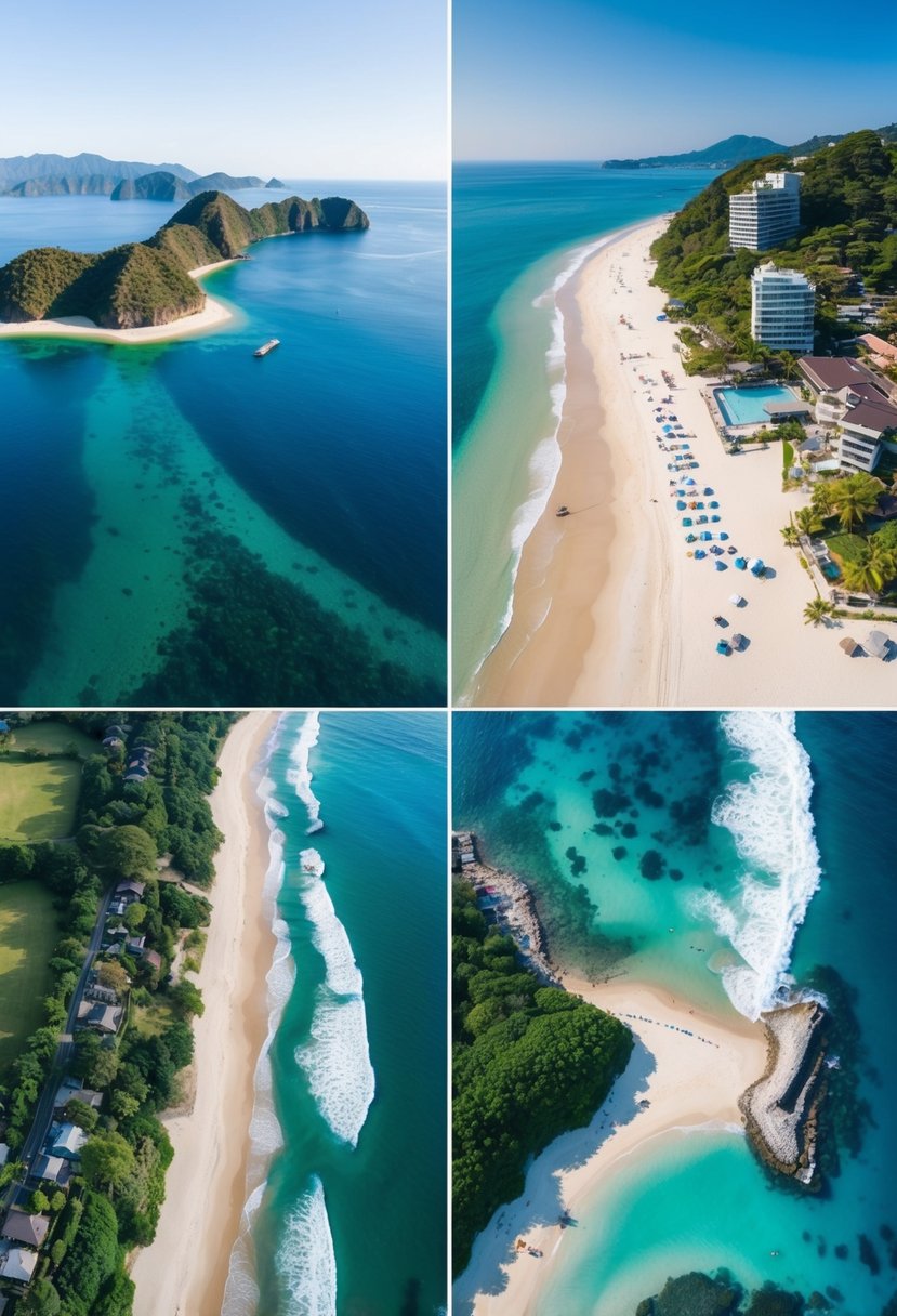 Aerial view of Japan's top 5 beaches, each with unique geographical features and surrounded by crystal-clear waters and lush greenery