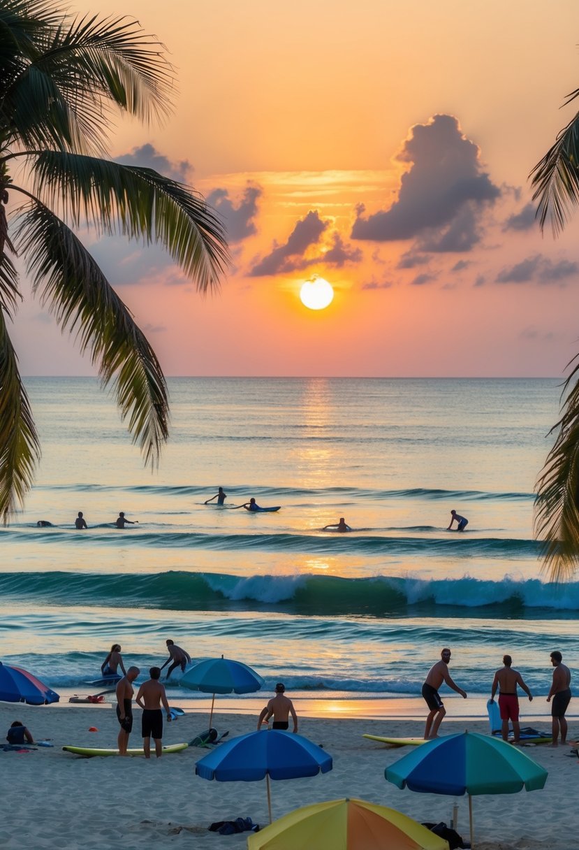 Sunset over a serene beach with gentle waves, palm trees, and colorful umbrellas. People engage in various activities like surfing, snorkeling, and beach volleyball