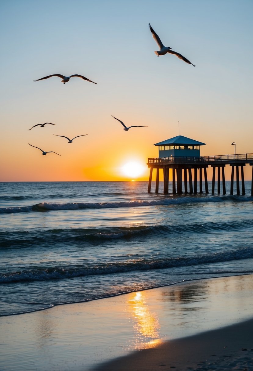 The sun sets over Fairhope Municipal Pier Beach, with gentle waves lapping against the shore and seagulls soaring in the sky