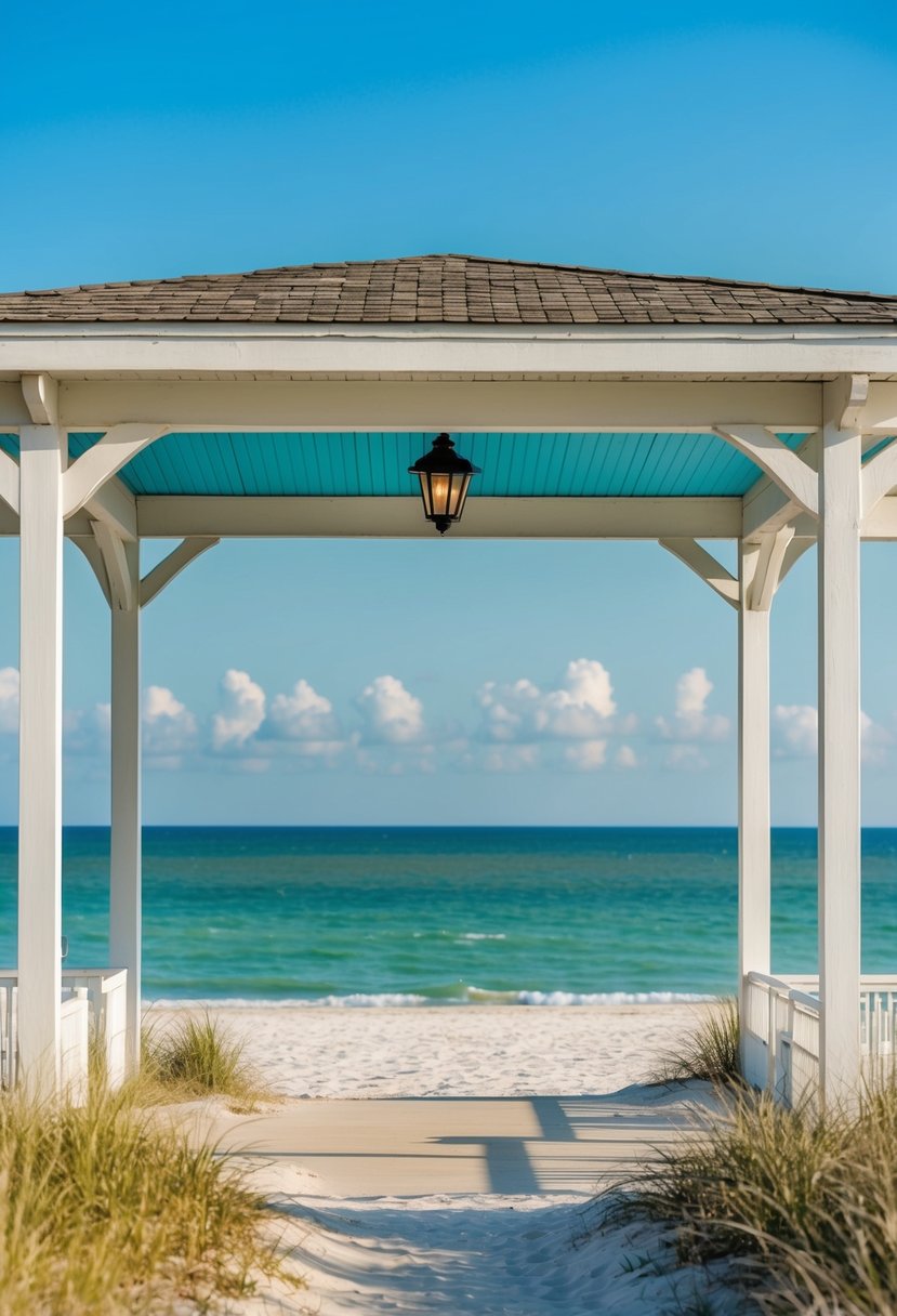 The Gulf State Park Pavilion overlooks the pristine white sand beaches of Alabama, with azure waters stretching out to the horizon