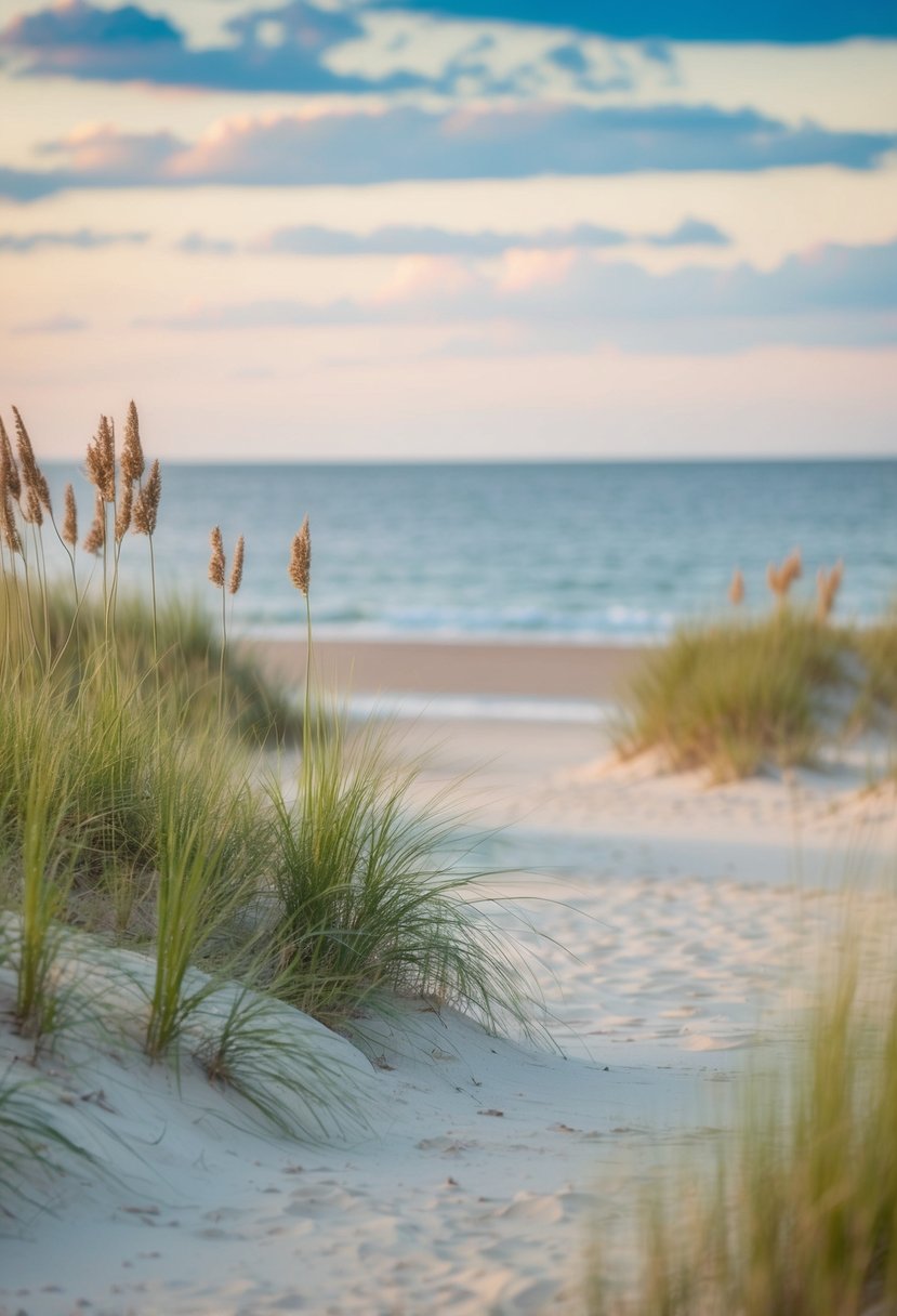 Sandy shoreline with dunes, sea oats, and calm waters at Bon Secour National Wildlife Refuge Beach in Alabama