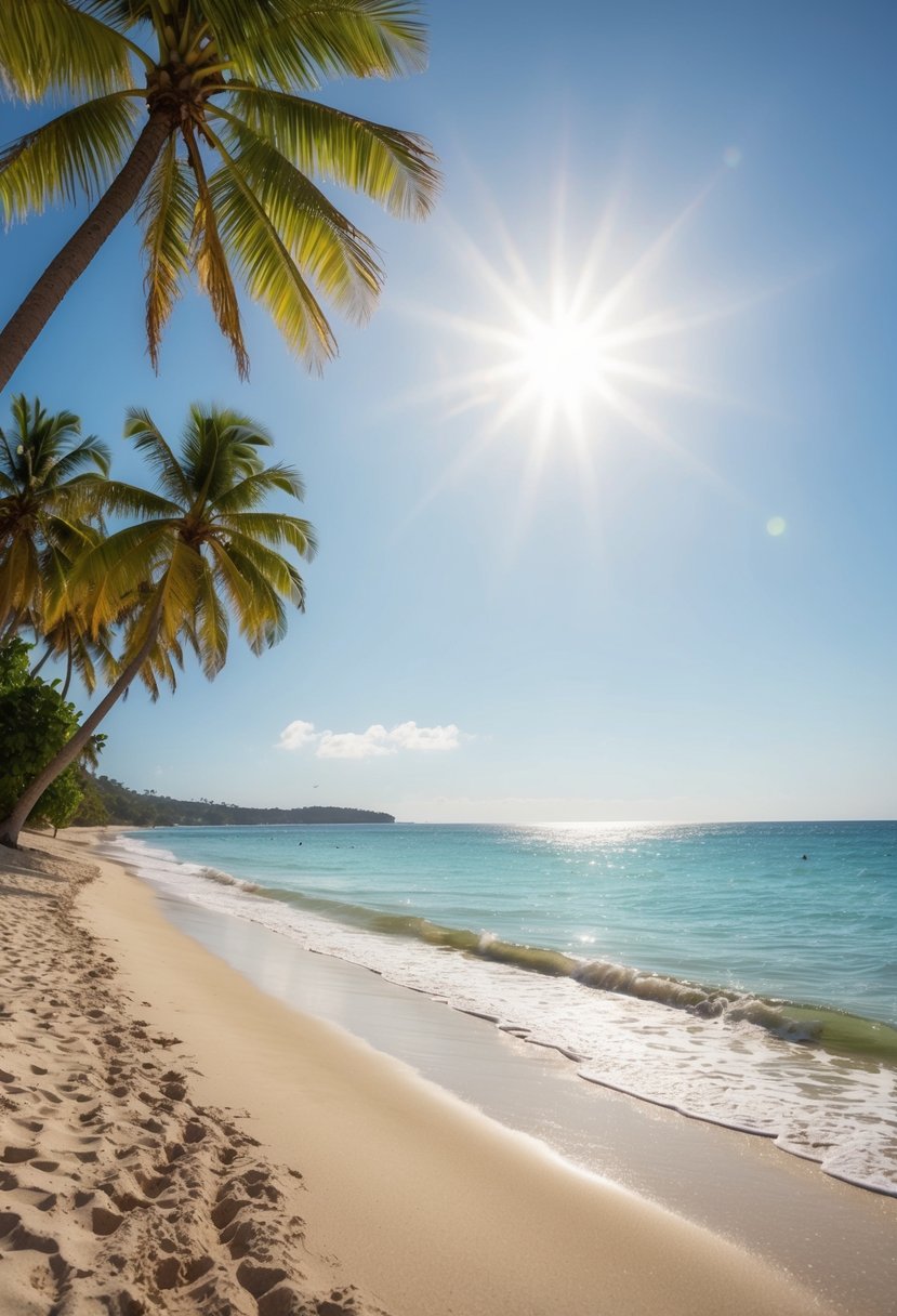 Sandy beach with clear blue water, palm trees, and a bright sun shining in a cloudless sky. Gentle waves roll onto the shore