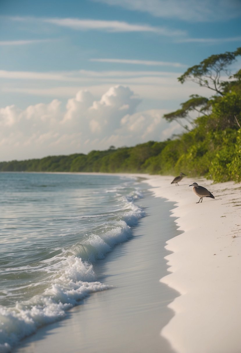 Gentle waves lapping at white sandy shore, surrounded by lush greenery and wildlife