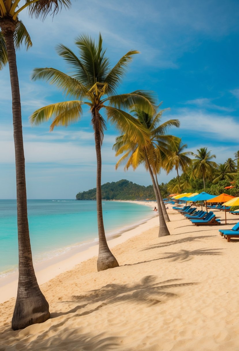 Golden sand, turquoise waters, palm trees, and colorful umbrellas dotting the shoreline at Seminyak Beach, one of the best beaches in Bali