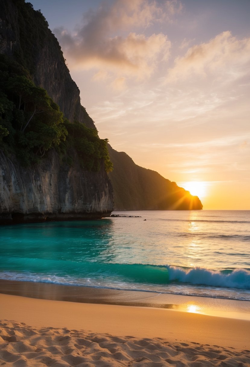 The sun sets over Uluwatu Beach, casting a warm glow on the golden sand and turquoise waters. The cliffs rise dramatically in the background, creating a stunning backdrop for the best beaches in Bali