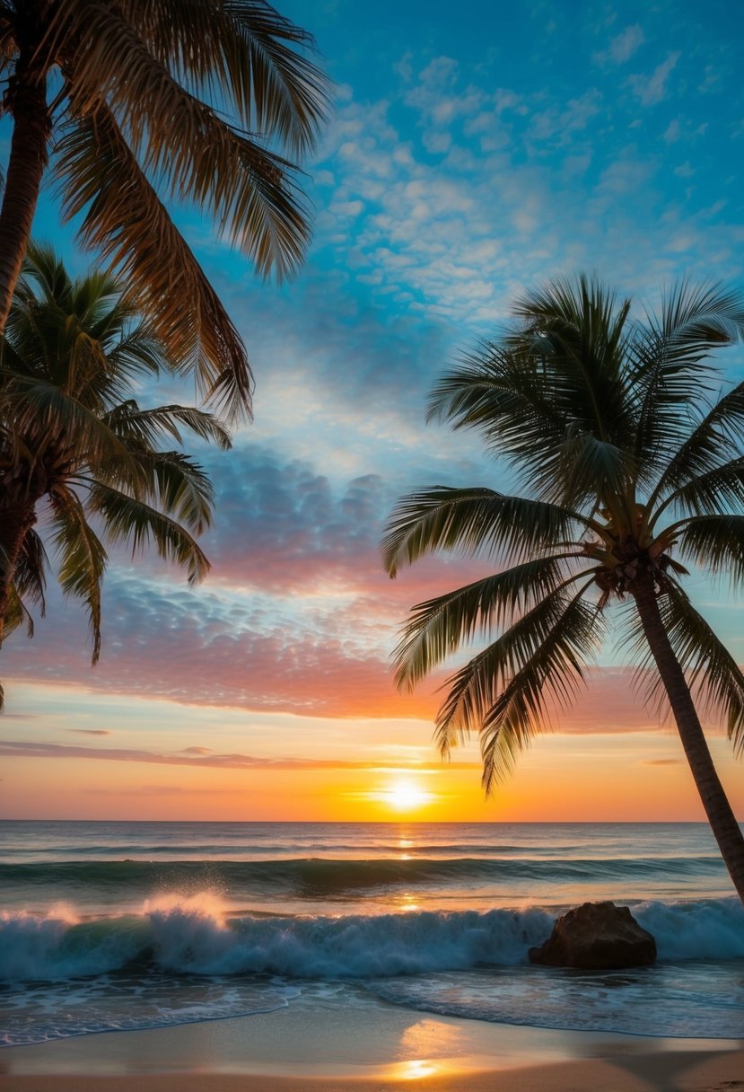 Sunset over Canggu Beach with palm trees, rolling waves, and a colorful sky