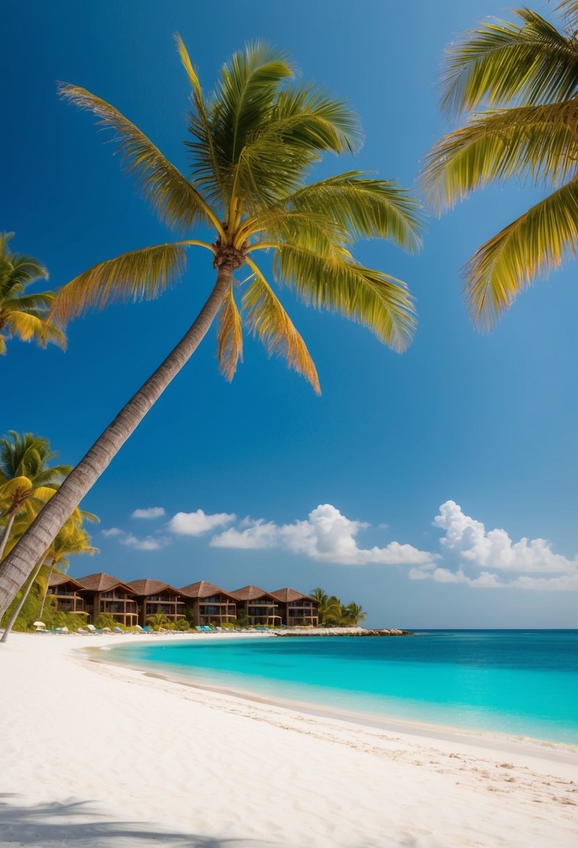 Palm trees sway on a white sandy beach, leading to crystal-clear turquoise waters and luxurious beachfront villas at Sandals South Coast resort in Jamaica