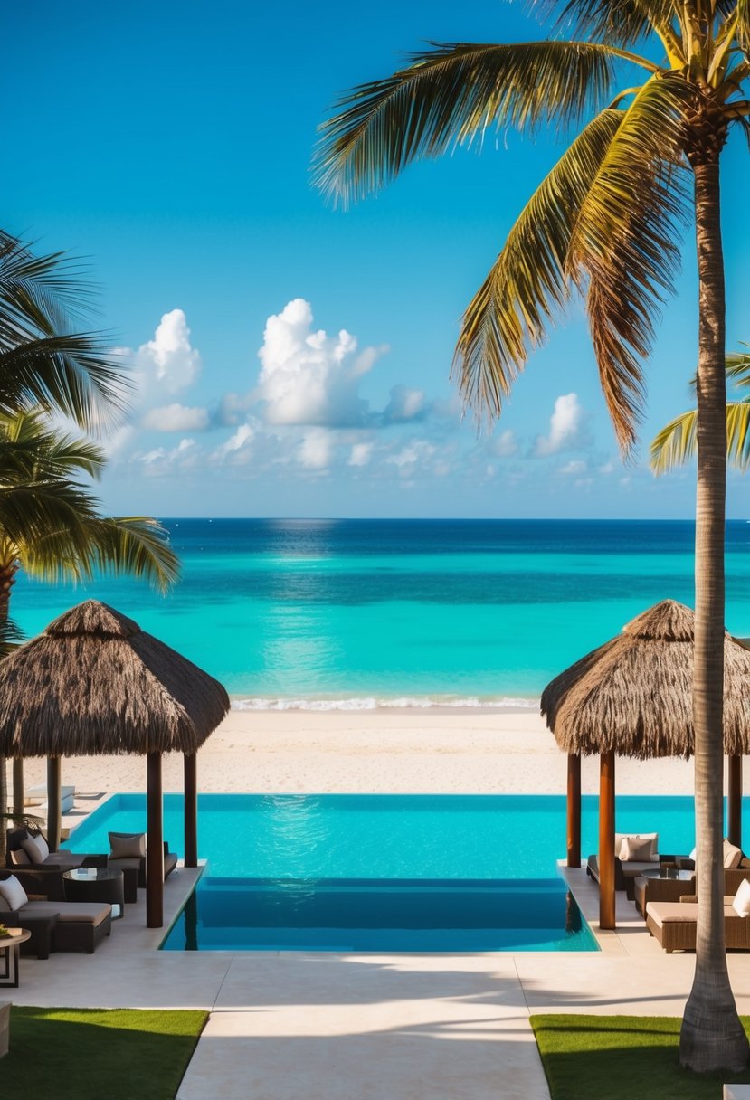 A palm-fringed beach overlooks a sparkling turquoise sea, with luxurious cabanas and a stunning infinity pool at Barceló Aruba resort