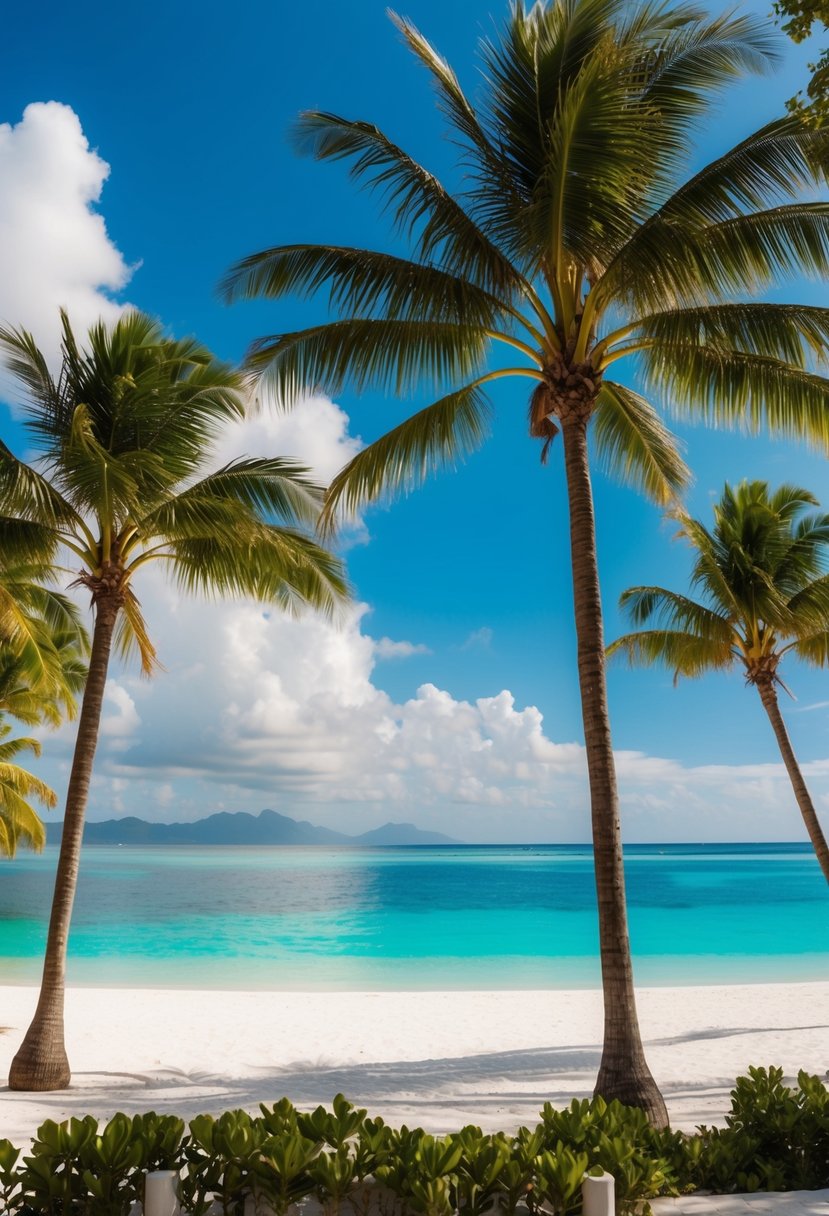 A luxurious beachfront resort in the Dominican Republic with palm trees, crystal-clear waters, and a pristine white sandy beach