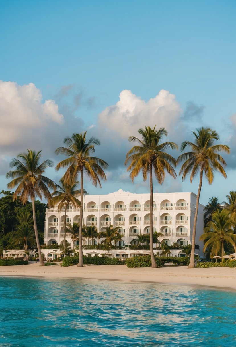 A luxurious beachfront resort with palm trees, crystal-clear waters, and elegant architecture nestled along the coastline of the Dominican Republic