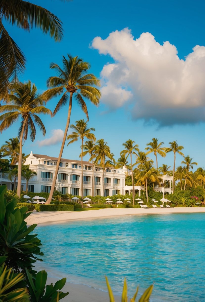 A luxurious beachfront resort with palm trees, crystal-clear waters, and elegant architecture, surrounded by lush tropical gardens