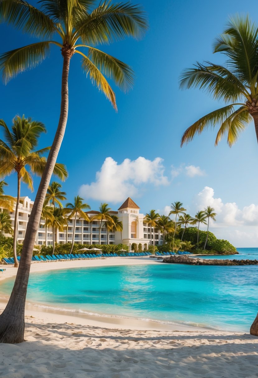 A luxurious beachfront resort with palm trees, turquoise waters, and elegant architecture nestled in the Dominican Republic