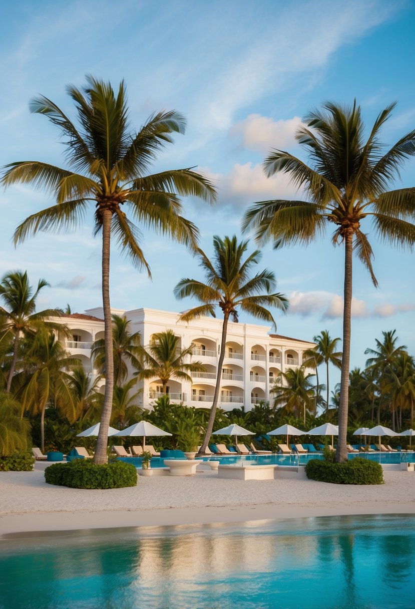 A luxurious beachfront resort with palm trees, crystal-clear waters, and elegant architecture nestled in the Dominican Republic