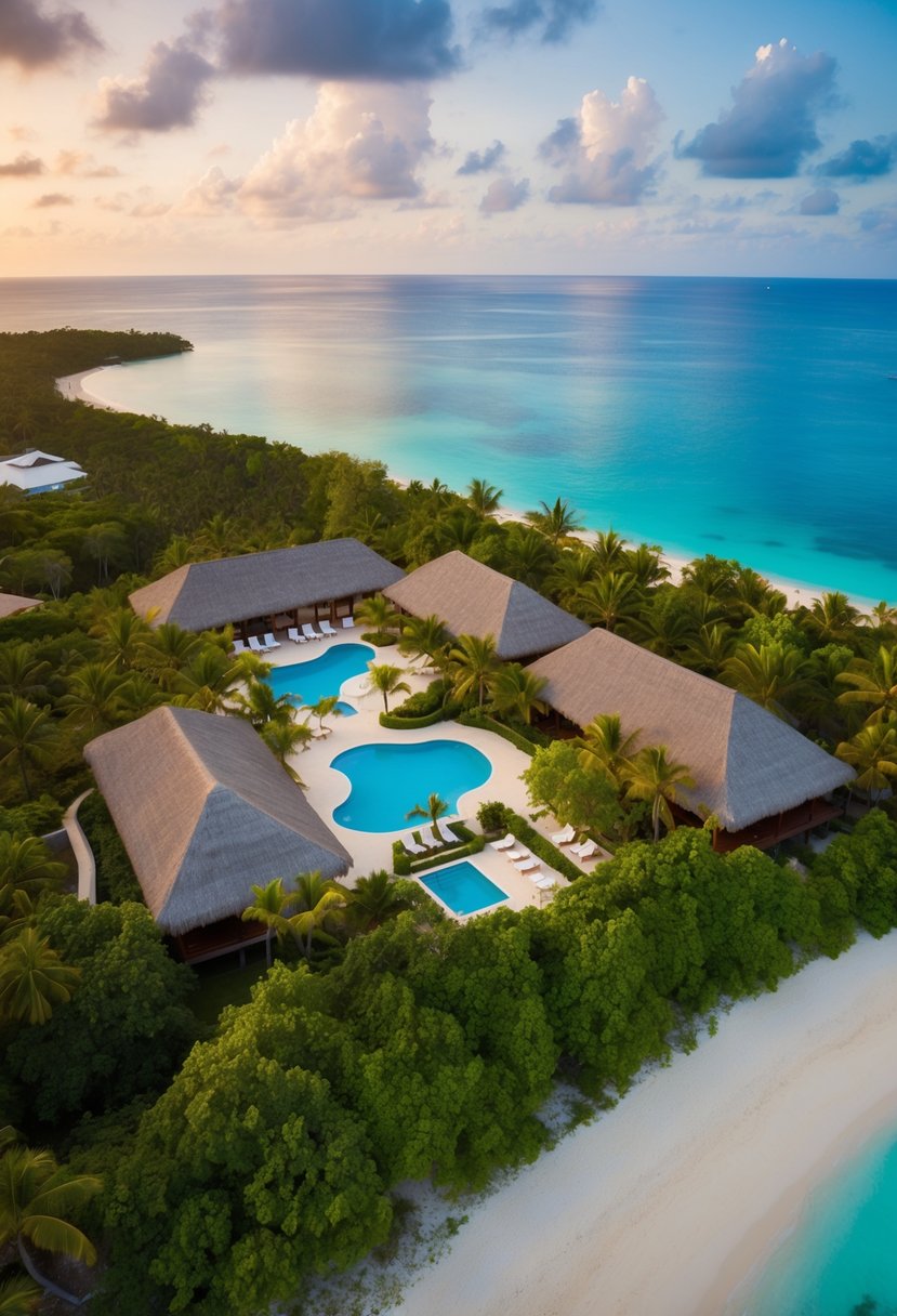 Aerial view of Bahia Principe Luxury Cayo Levantado resort, nestled on a pristine beach surrounded by lush tropical vegetation