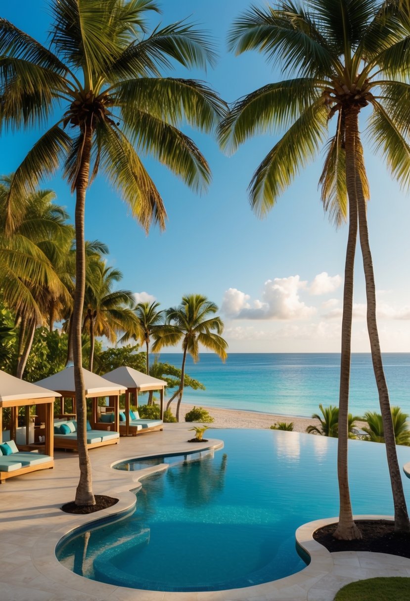 A tropical paradise with palm trees, infinity pools, cabanas, and a pristine beach at the best luxury resort in the Dominican Republic