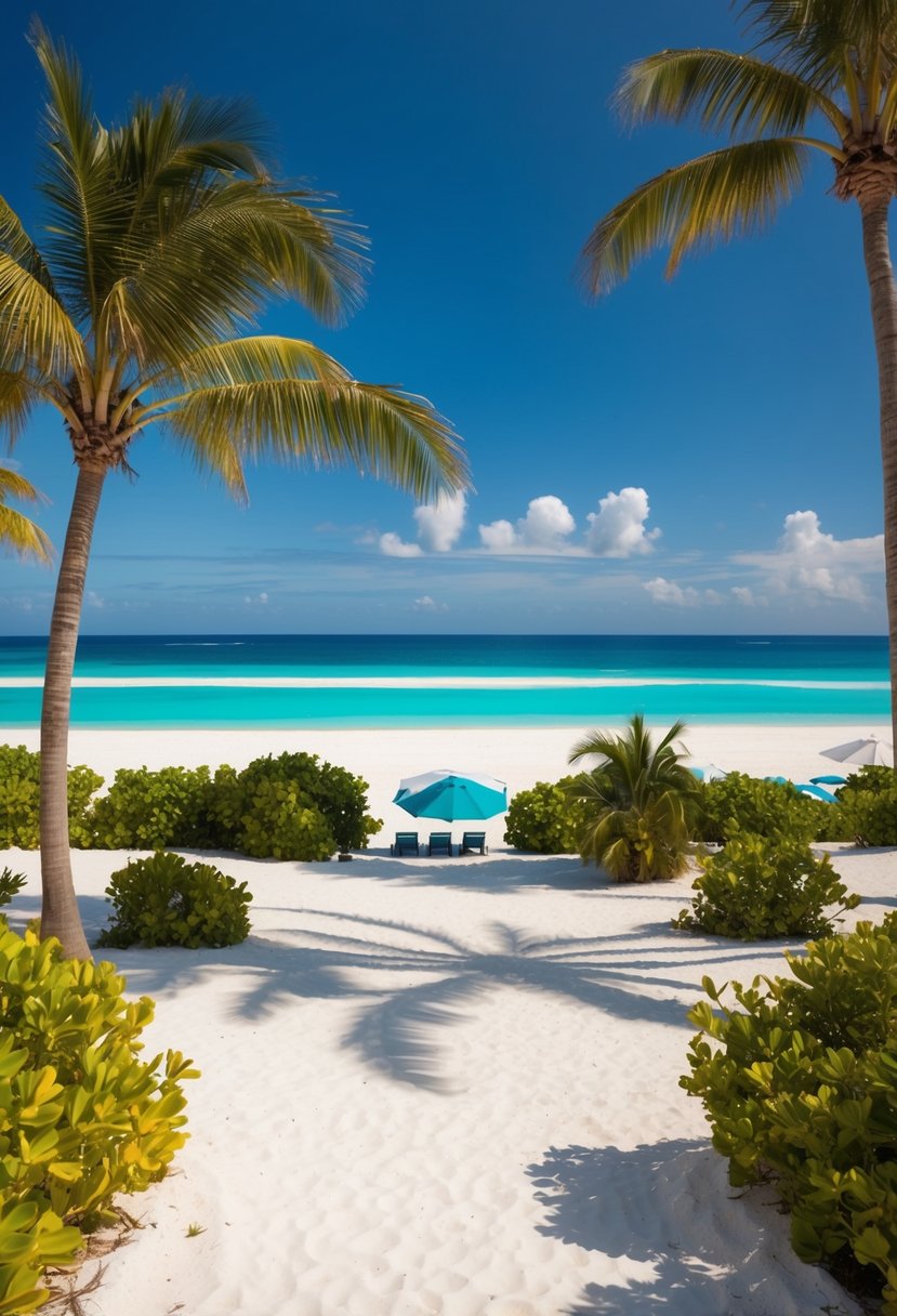 A luxurious beachfront resort in the Dominican Republic, with palm trees, white sandy beaches, and crystal-clear turquoise waters