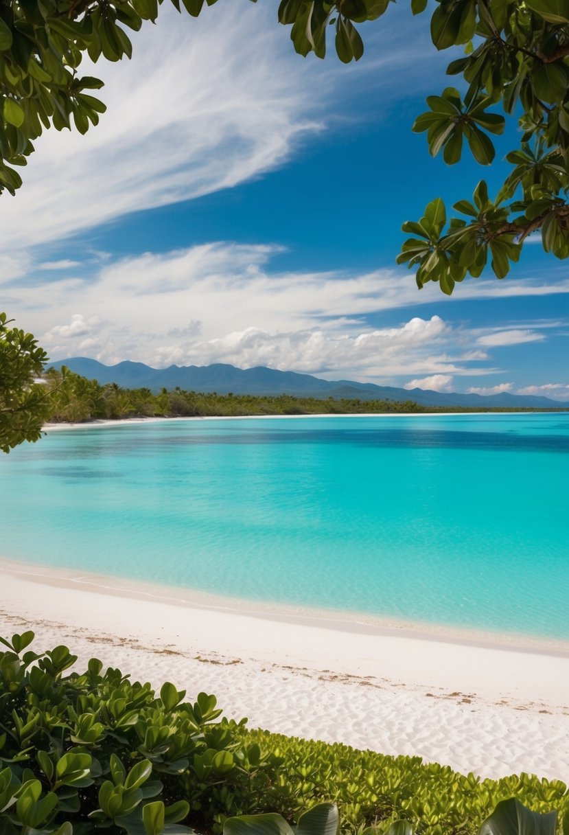 Turquoise waters meet white sands under a cloudless sky, framed by lush greenery and distant mountains