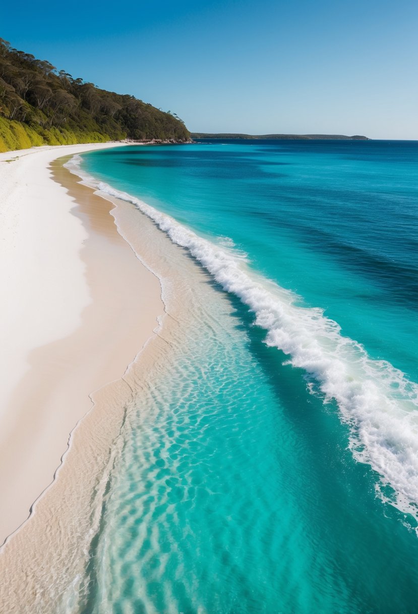 Crystal clear water meets pristine white sand on Whitehaven Beach, Australia. Gentle waves lap against the shore, while lush greenery lines the edges of the beach