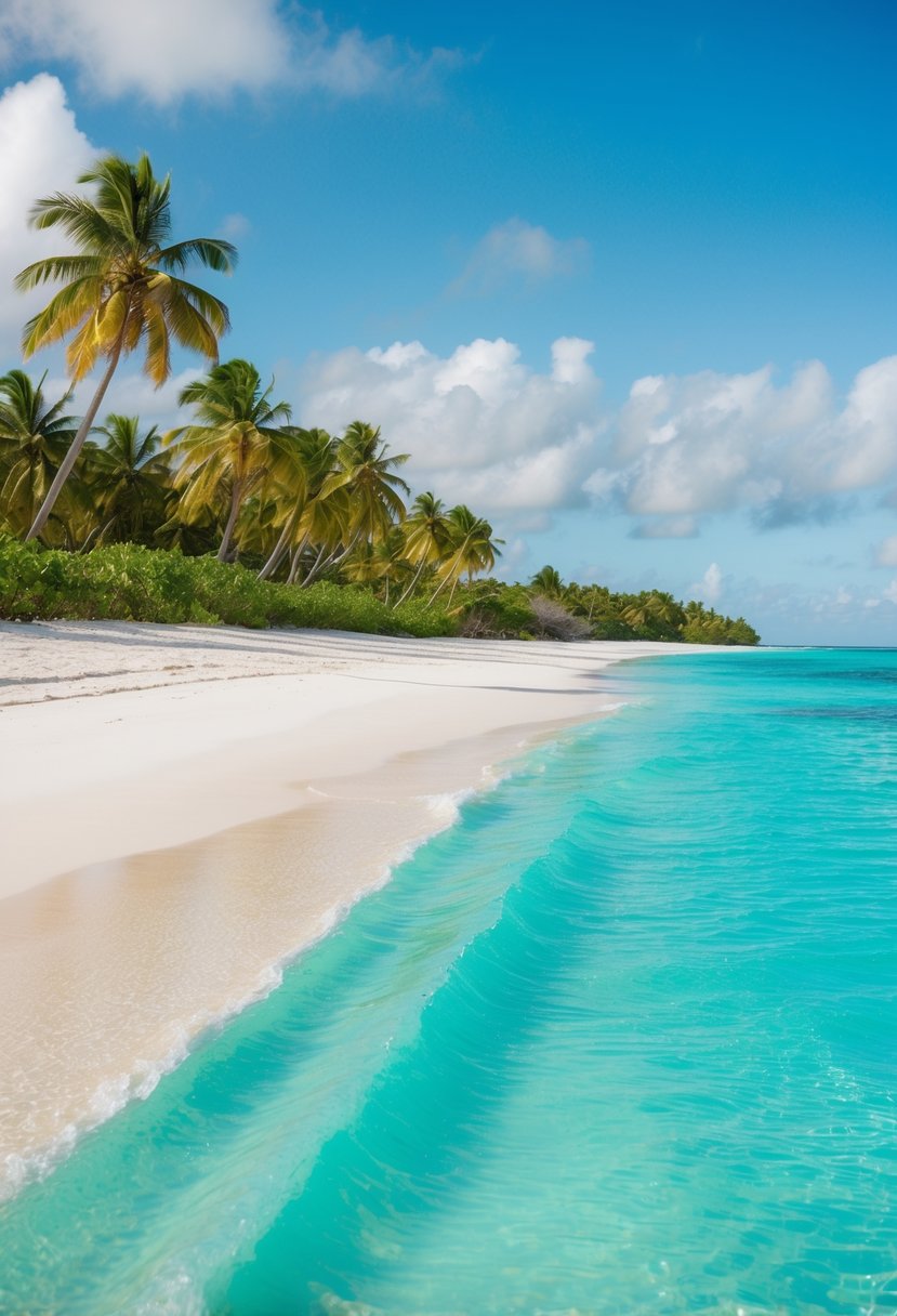 Crystal clear turquoise water gently laps against the soft white sand of Grace Bay Beach, with lush green palm trees swaying in the gentle ocean breeze