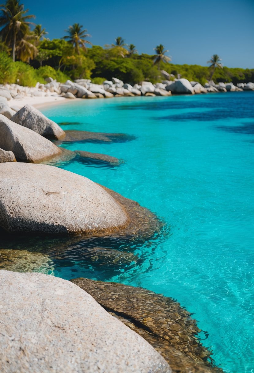 Crystal clear turquoise waters lapping against smooth granite boulders on Anse Source d'Argent, with palm trees and lush vegetation in the background