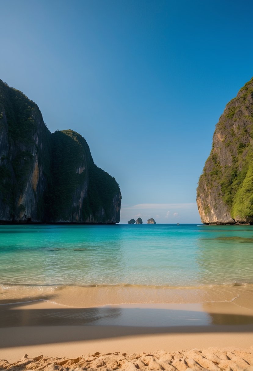 Turquoise waters lap against golden sand at Maya Bay, framed by lush green cliffs under a clear blue sky