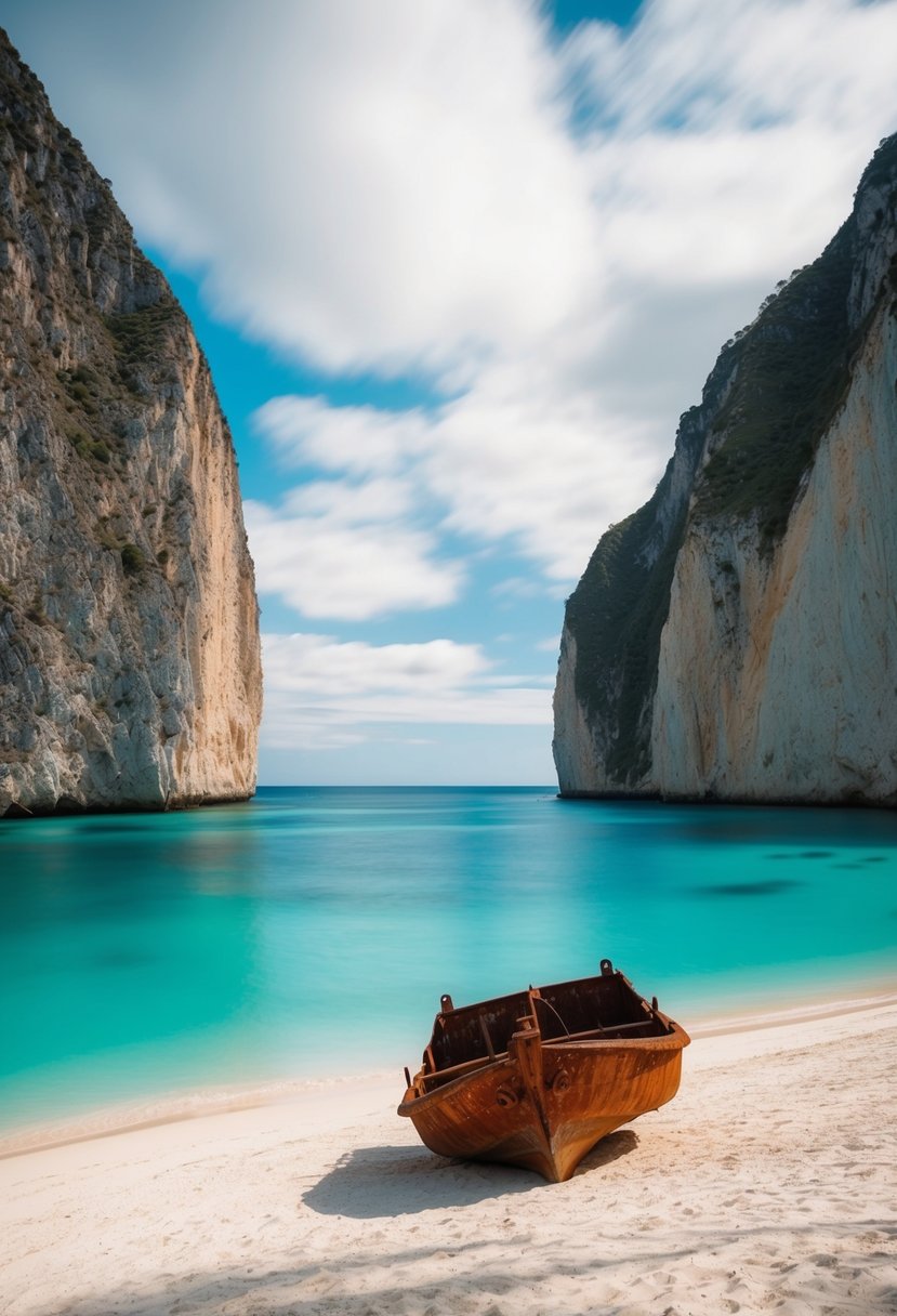 Turquoise waters surround a white sandy beach, nestled between towering cliffs and a rusting shipwreck