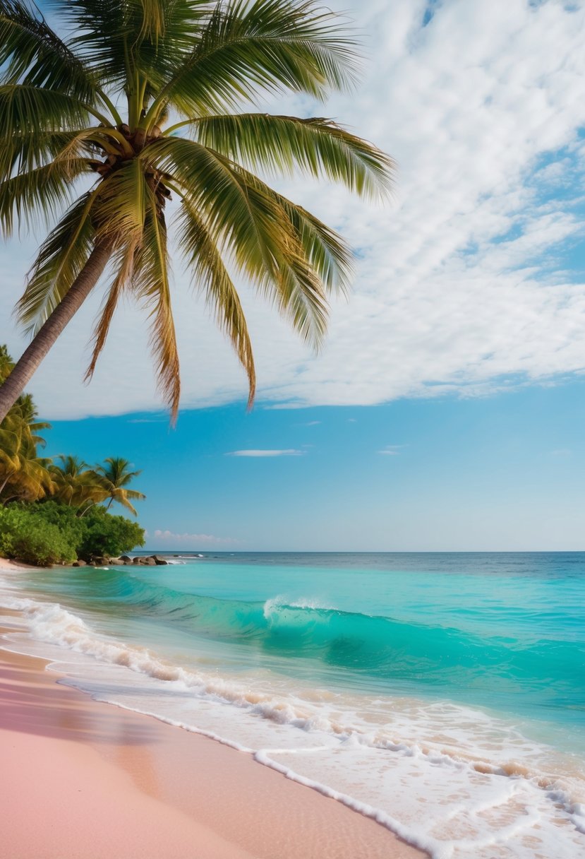 Gentle waves lapping against soft pink sand, framed by lush green palm trees and crystal clear turquoise waters