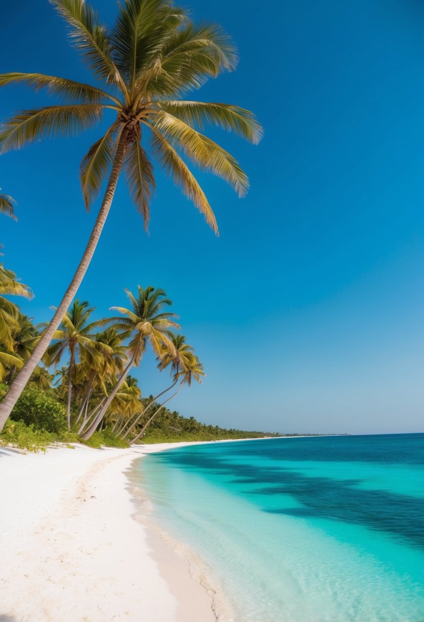 Turquoise water meets white sandy shore with lush palm trees along the coastline under a clear blue sky