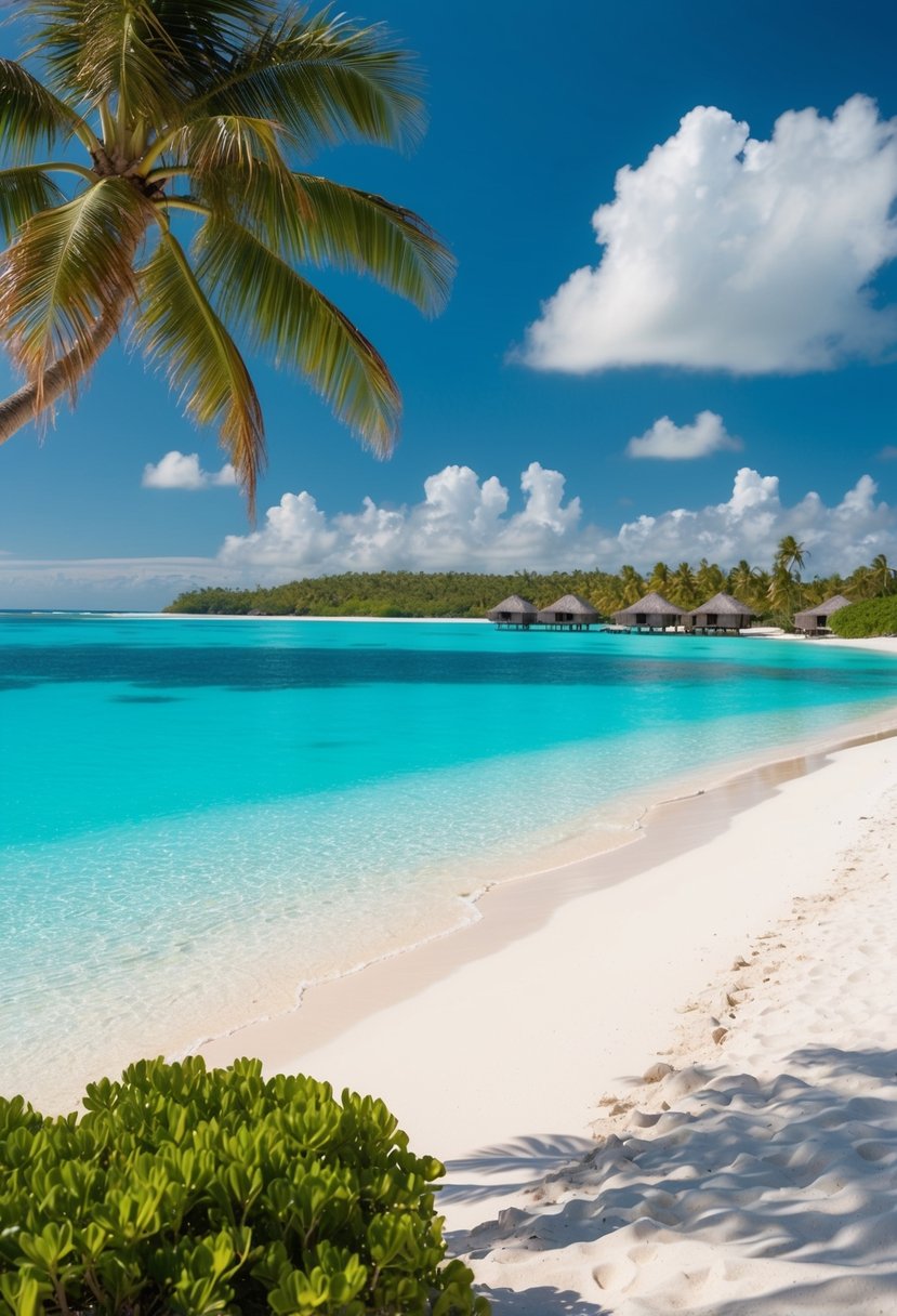 Crystal-clear turquoise waters lap against powdery white sand beaches surrounded by lush green palm trees and overwater bungalows in Bora Bora, French Polynesia