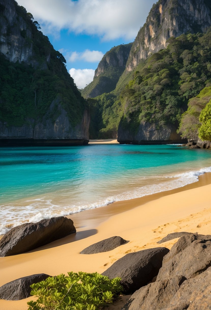 Turquoise waters lap against the golden sand of Baía do Sancho, framed by towering cliffs and lush greenery. A paradise of natural beauty