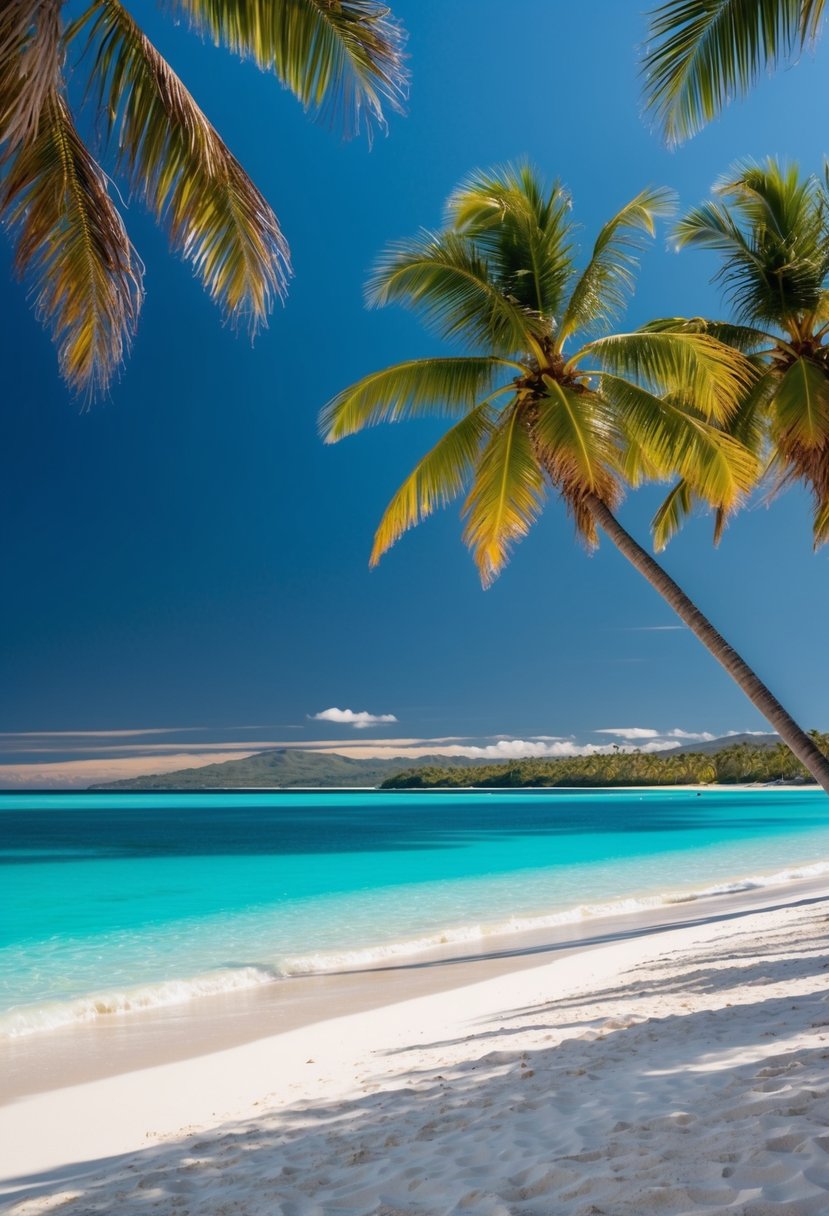 Turquoise waters lapping against white sandy shore, palm trees swaying in the gentle breeze under a clear blue sky at Matira Beach, French Polynesia