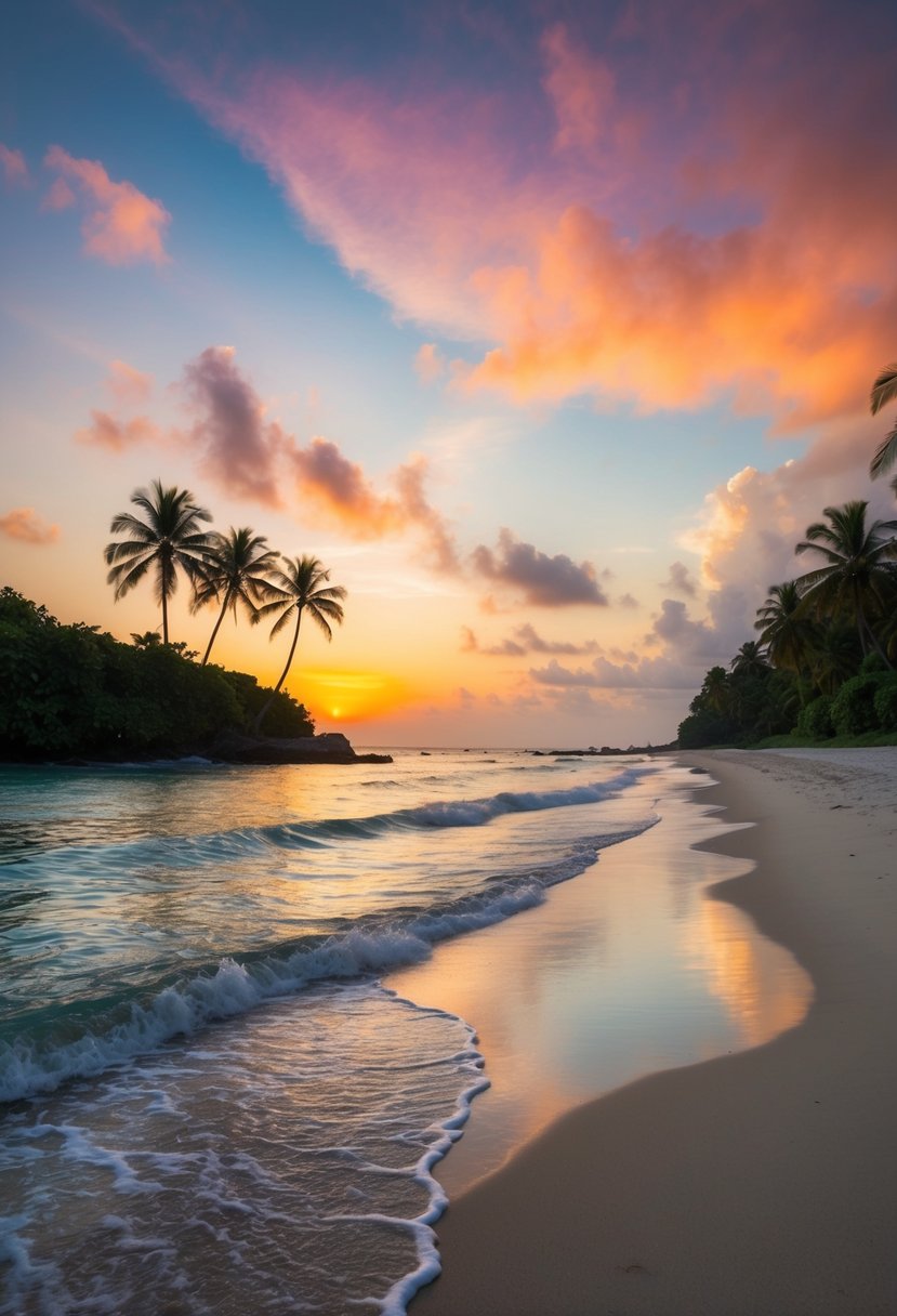 Sunset over pristine sandy shore, gentle waves lapping at the beach, palm trees swaying in the breeze, and a colorful sky reflecting on the calm waters