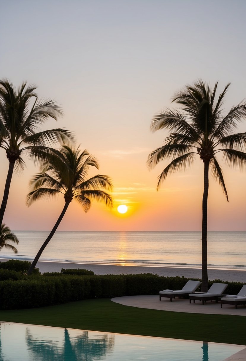 The sun sets over the luxurious beachfront resort, with palm trees swaying in the gentle breeze and the crystal-clear ocean stretching out into the horizon