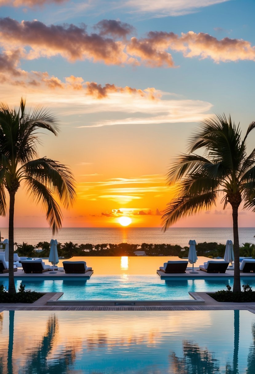 The sun sets over the luxurious Acqualina Resort & Residences in Florida, with palm trees swaying in the gentle breeze and the crystal-clear waters of the pool reflecting the vibrant colors of the sky