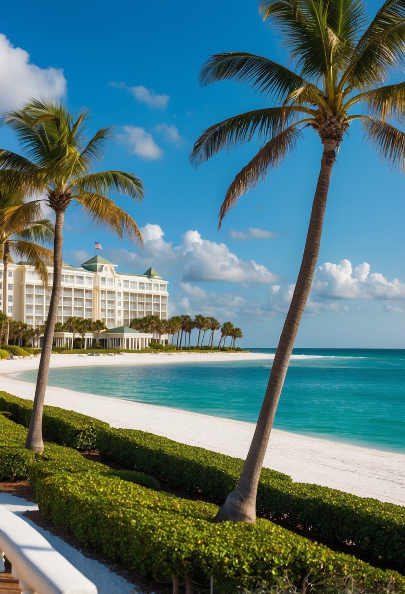 The Ritz-Carlton Amelia Island: A luxurious beachfront resort with palm trees, a pristine white sandy beach, and elegant architecture overlooking the sparkling blue ocean