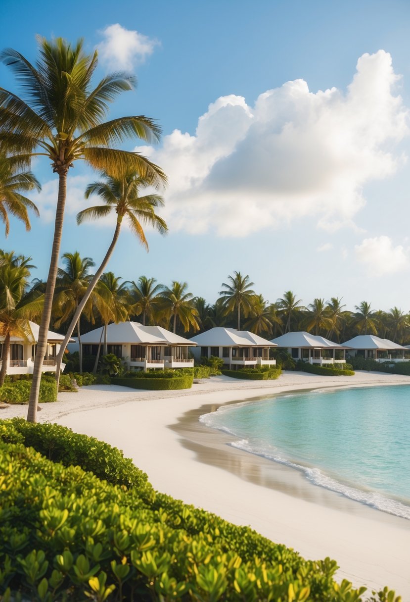 A lush and expansive beach resort with palm trees, pristine white sand, and luxurious oceanfront villas