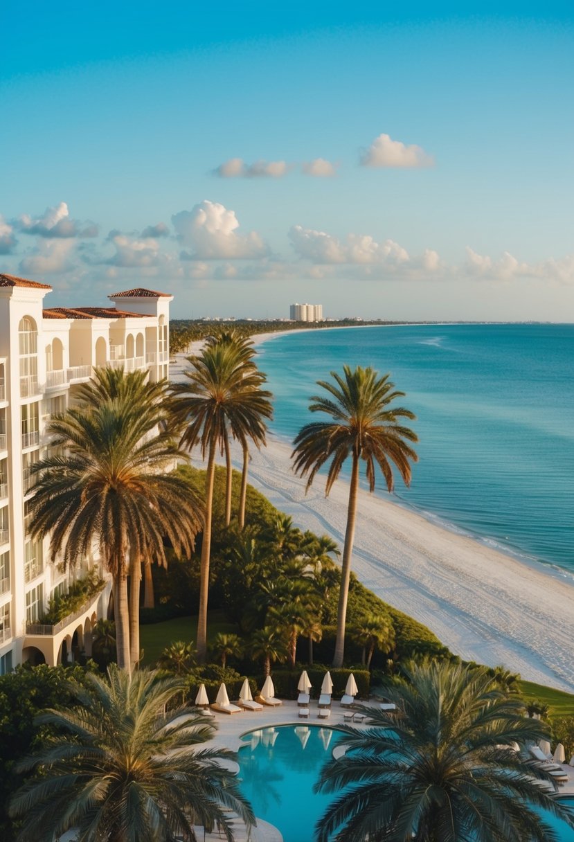 A luxurious resort with palm trees, a pristine beach, and elegant buildings nestled along the coast of Florida