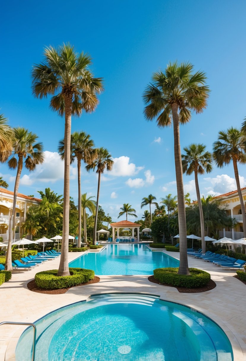 A sunny day at a luxurious Florida resort with palm trees, a sparkling pool, and clear blue skies, perfect for a relaxing vacation