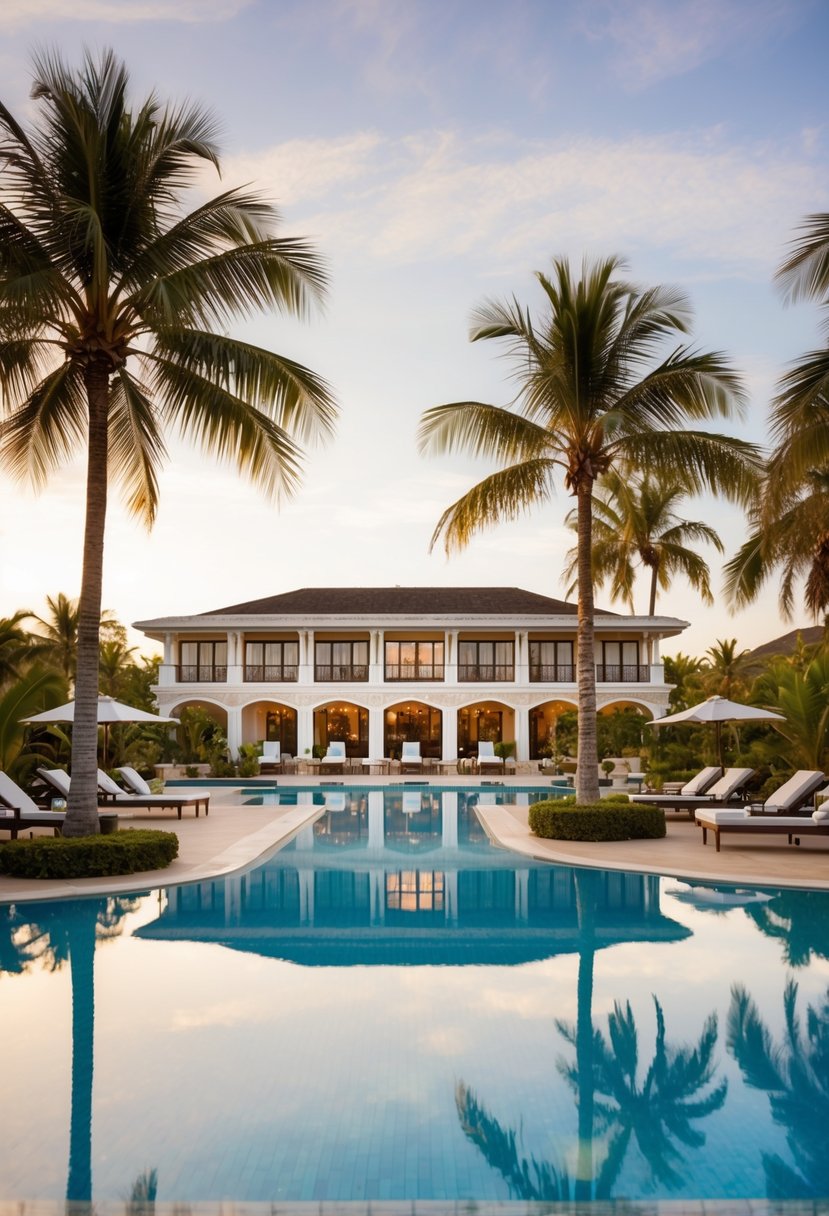 A serene beachfront resort with palm trees, luxurious pool, and elegant architecture