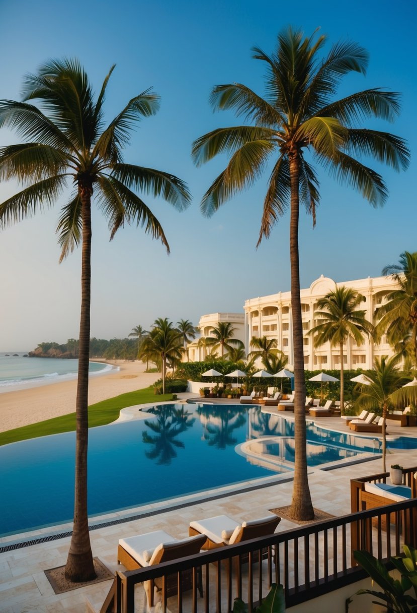 A serene beachfront with palm trees, luxurious pool, and elegant architecture at ITC Grand Goa, the best resort in Goa