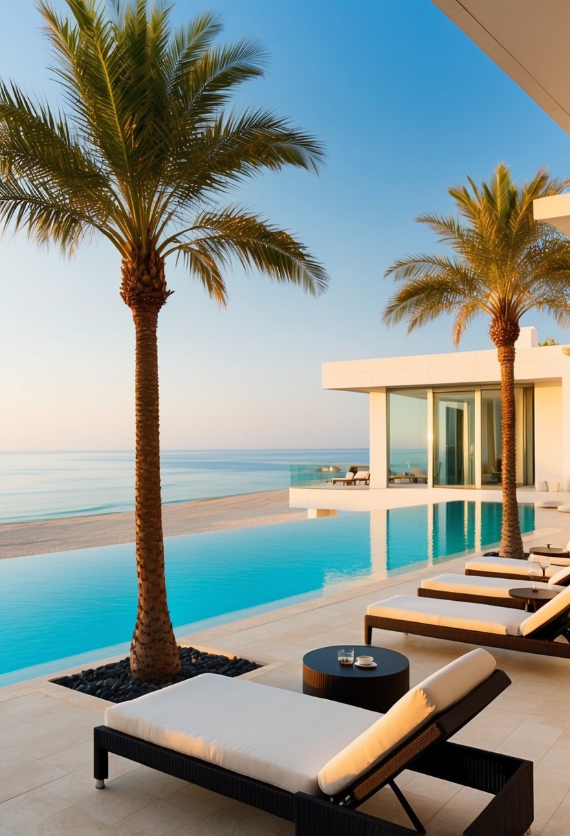 A luxurious beachfront resort with palm trees, infinity pool, and modern architecture overlooking the Arabian Sea