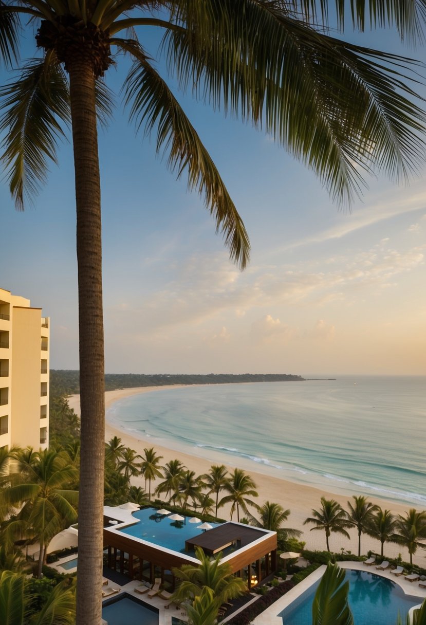 Aerial view of Goa Marriott Resort & Spa nestled among palm trees and overlooking the pristine beach and crystal-clear waters of Goa