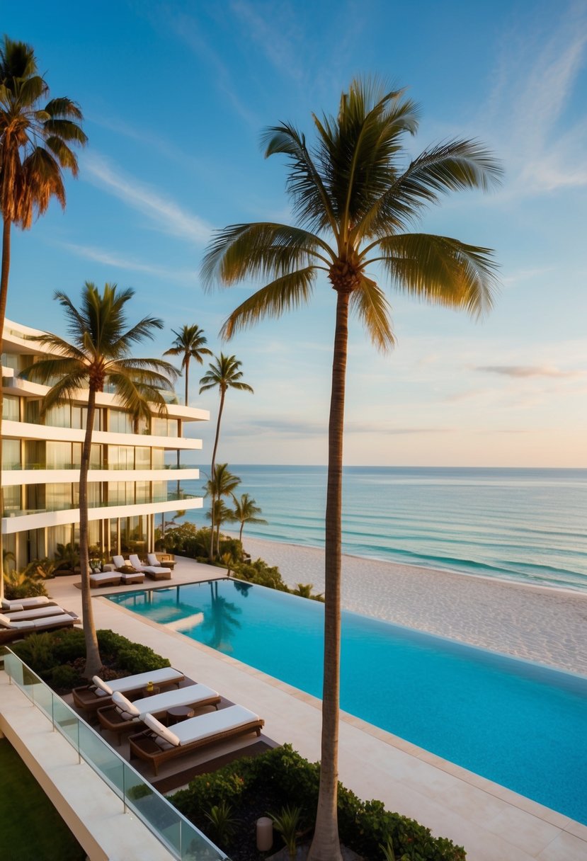 A luxurious beachfront resort with palm trees, pool, and modern architecture overlooking the ocean