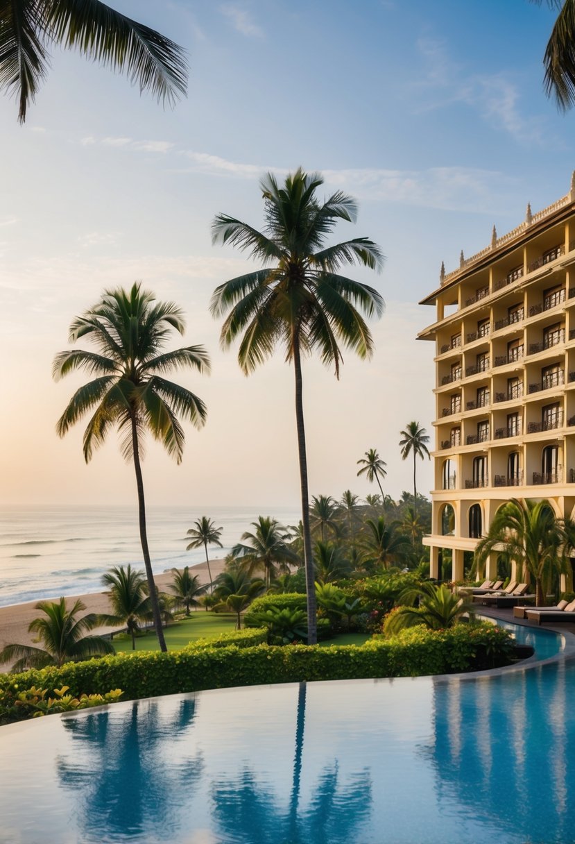 A lush tropical resort with palm trees, a sparkling pool, and a luxurious hotel building overlooking the ocean in Panaji, Goa