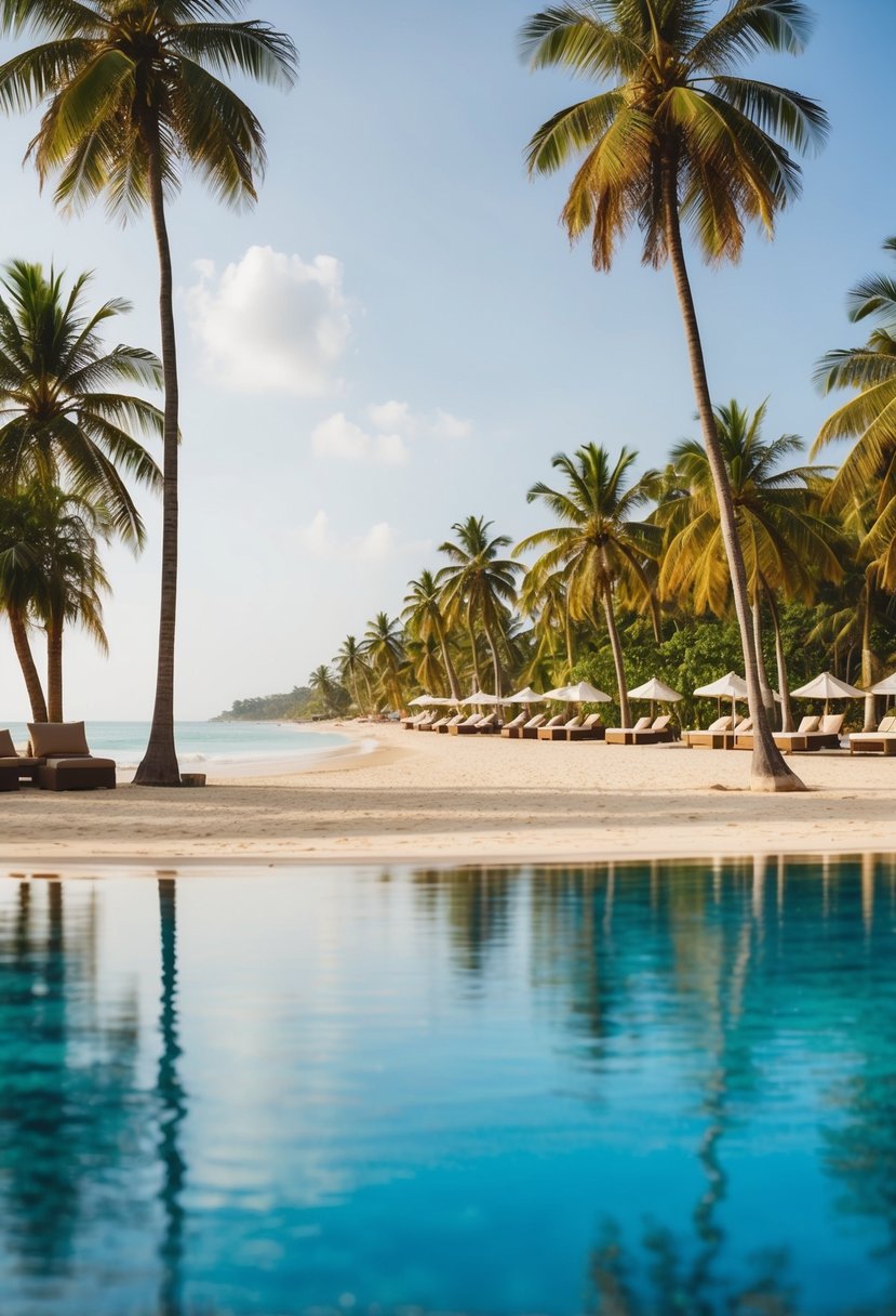 A serene beach resort in Goa, with palm trees, clear blue water, and luxurious accommodations